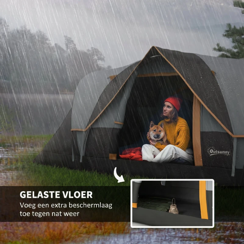Outsunny Kampeertent voor 5-6 Personen, Familietent, Draagtas, 4,55x2,2x1,8m, Lichtgrijs/Zwart