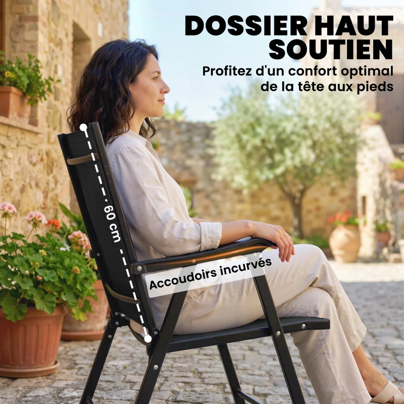 Outsunny Lot de 4 Chaises de Jardin Pliantes Structure Acier Robuste sans Montage Dossier Haut Ergonomique 58x62x97cm Noir