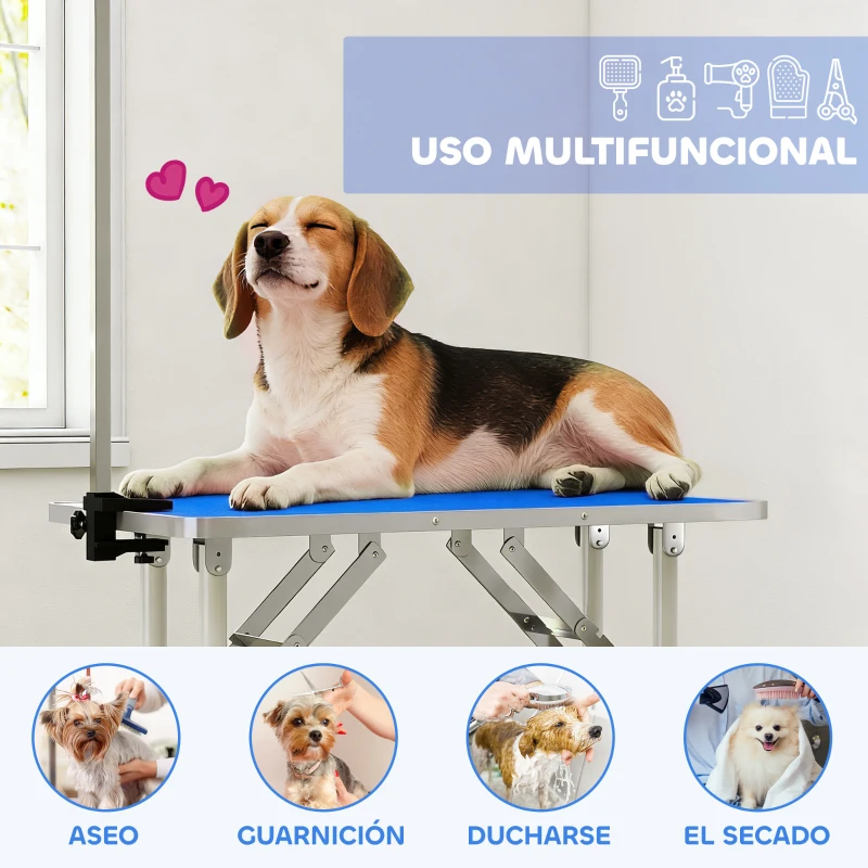 PawHut Mesa de Peluquería Canina Plegable con Encimera Antideslizante Brazo Ajustable 81x48,5x80 cm Azul