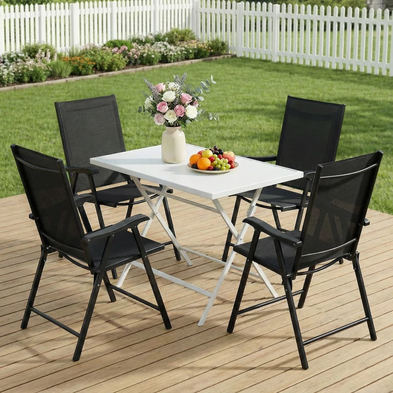 Outsunny Lot de 4 Chaises de Jardin Pliantes Structure Acier Robuste sans Montage Dossier Haut Ergonomique 58x62x97cm Noir