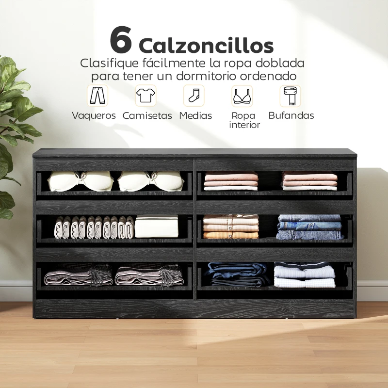 HOMCOM Cómoda Dormitorio con 6 Cajones Cajonera para Salón Oficina Estilo Moderno 140x40x71 cm Negro Veteado