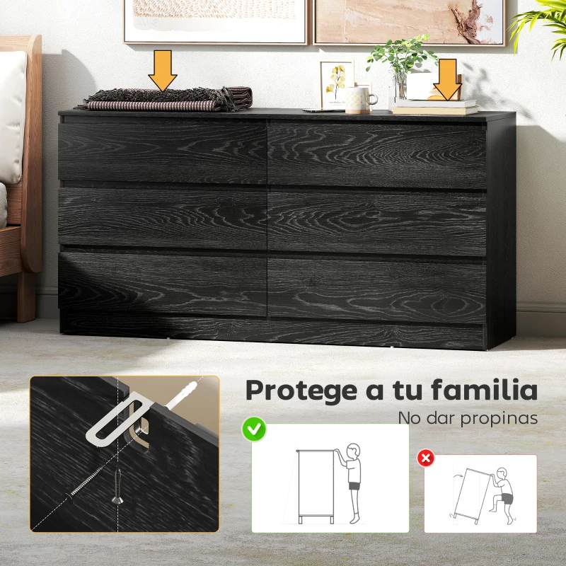 HOMCOM Cómoda Dormitorio con 6 Cajones Cajonera para Salón Oficina Estilo Moderno 140x40x71 cm Negro Veteado