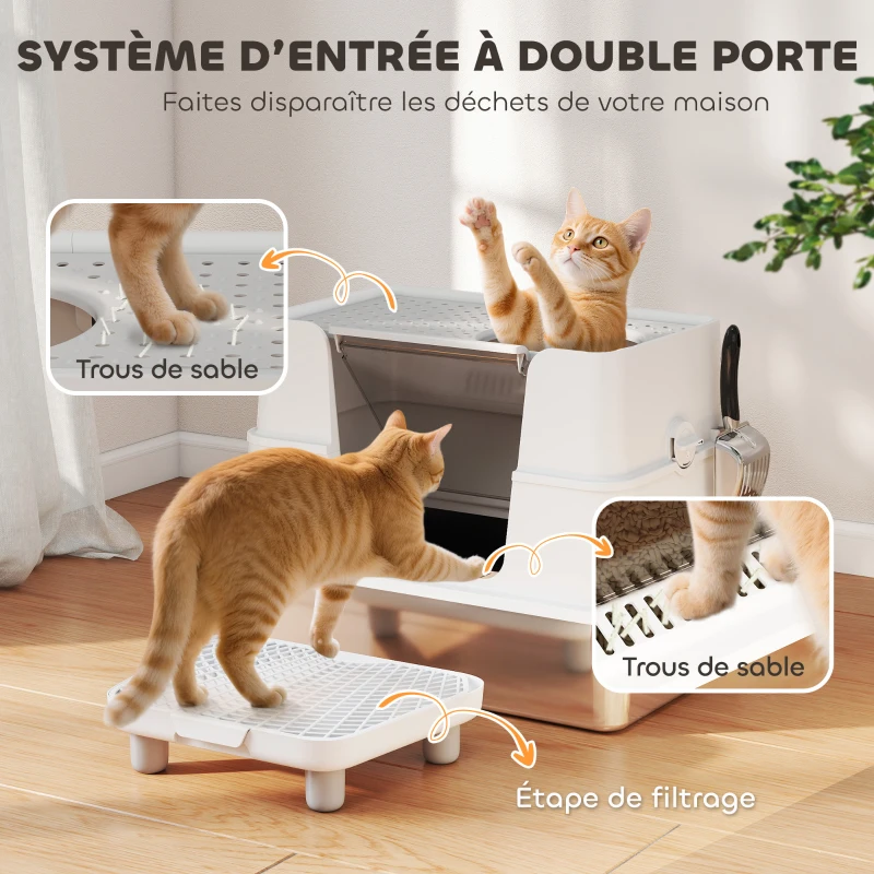 PawHut Bac à Litière XL en Acier Inoxydable pour Grand Chat, Couvercle Pivotant 100°, Pelle, 60,2x40,2x44,5cm, Gris Clair