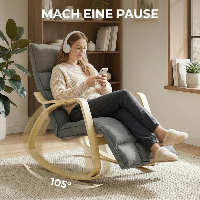 HOMCOM Schaukelstuhl mit verstellbarer Fußstütze, gepolsterter Relaxstuhl, Grau