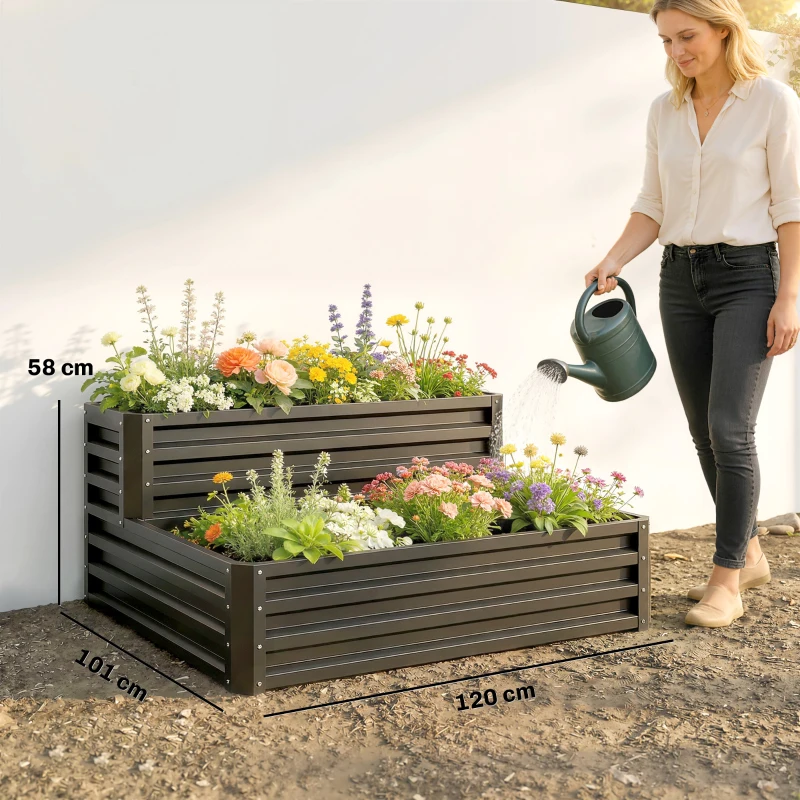 Outsunny Carré potager de jardin fond ouvert 2 étages pour herbes légumes fruits fleurs 120 x 101 x 58 cm gris foncé