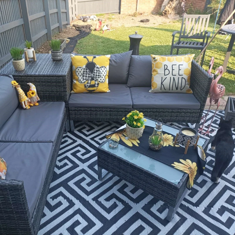 Outsunny 4pc Garden Rattan Wicker Outdoor Furniture Patio Corner Sofa Love Seat and Table Set  with Cushions Side Desk Storage, Mixed Grey