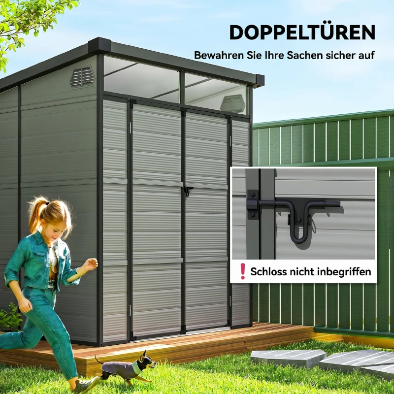 Outsunny 1,9 x 1,9 m Tuinschuur, Opslagschuur uit Kunststof, met Afsluitbare Deuren, 2 Ventilatieopeningen, Lichtgrijs