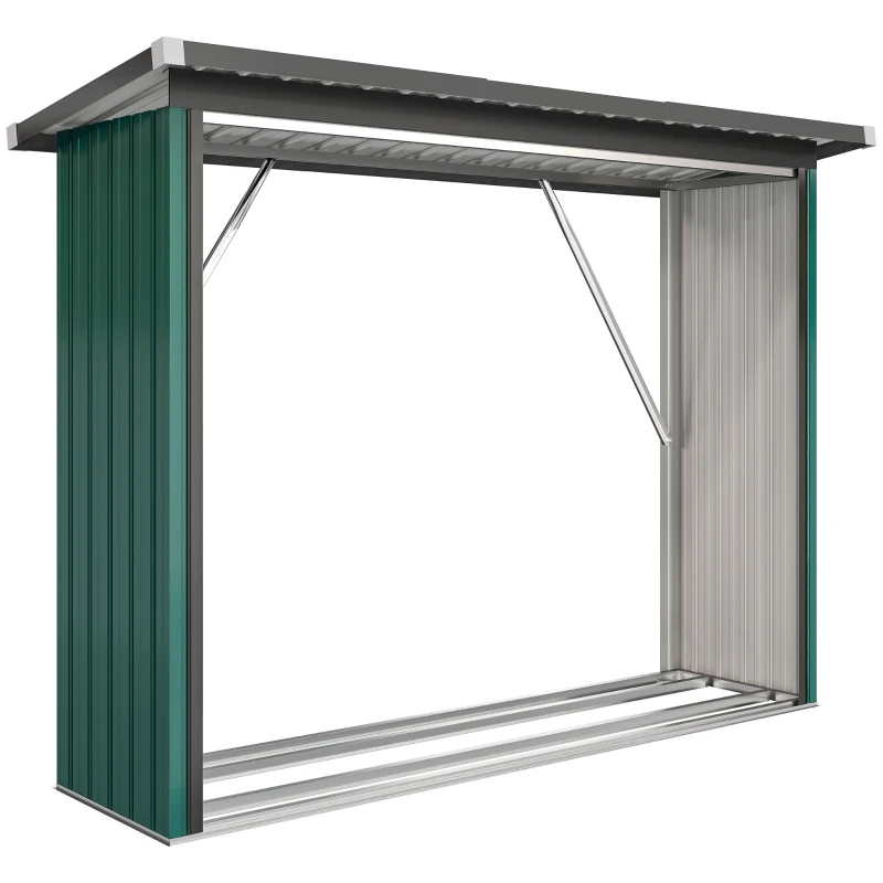 Outsunny Abri-bûches Couvert Support pour Bois de Chauffage Plancher Surélevé Toit Incliné, Acier Galvanisé 213x66,5x150cm Vert