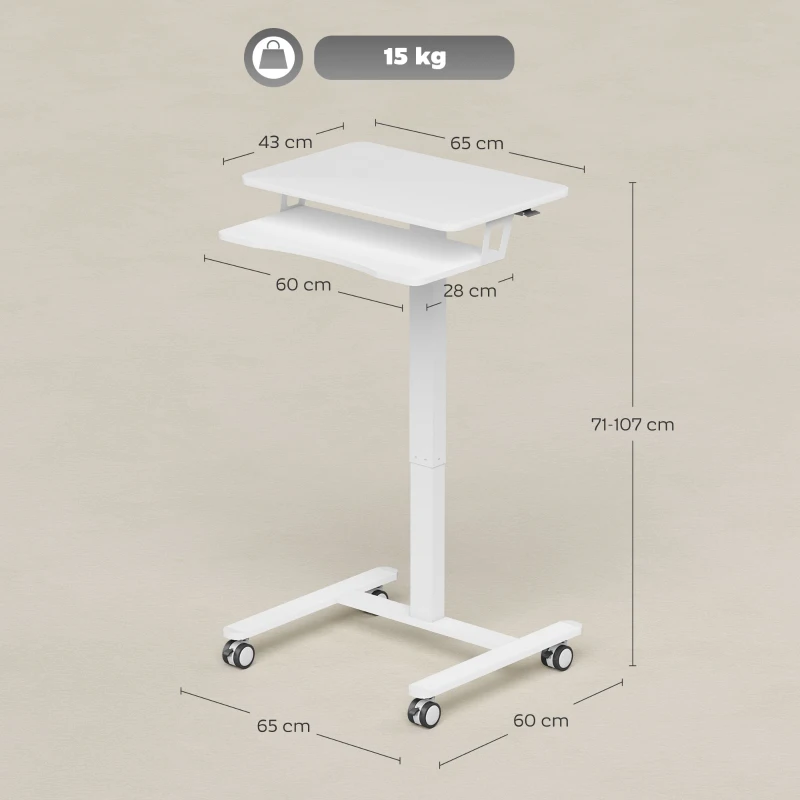 HOMCOM Höhenverstellbarer Stehschreibtisch, Rollbarer Sit-Stand-Schreibtisch mit Tastaturablage, Rollen und Stahlrahmen, Weiß