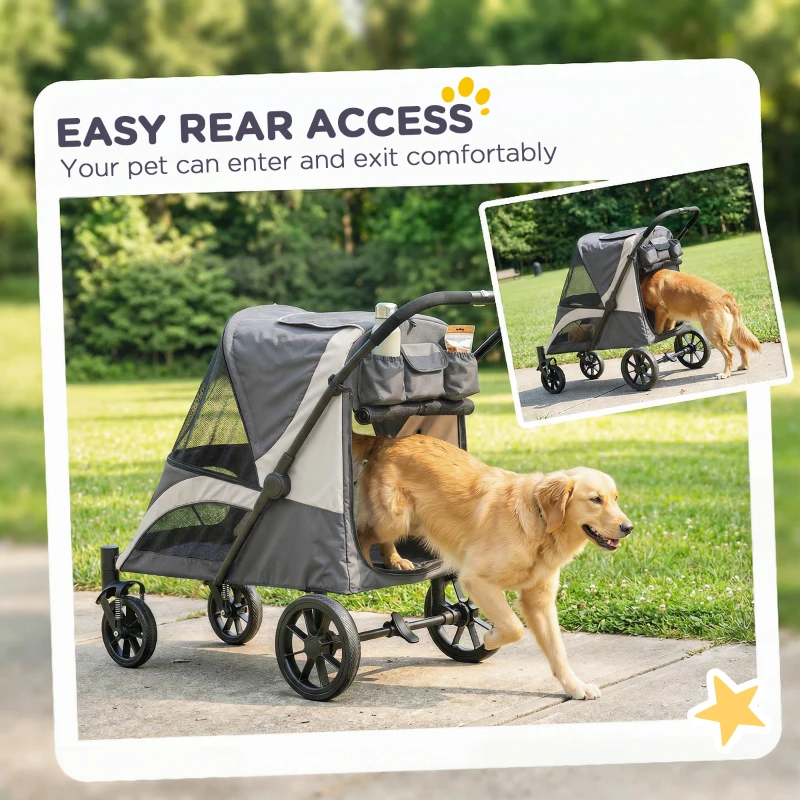 PawHut Foldable Pet Stroller for Large Dogs with 4 Big Wheels, Shock-Absorbing Frame, Safety Leashes, Brakes, Dark Grey