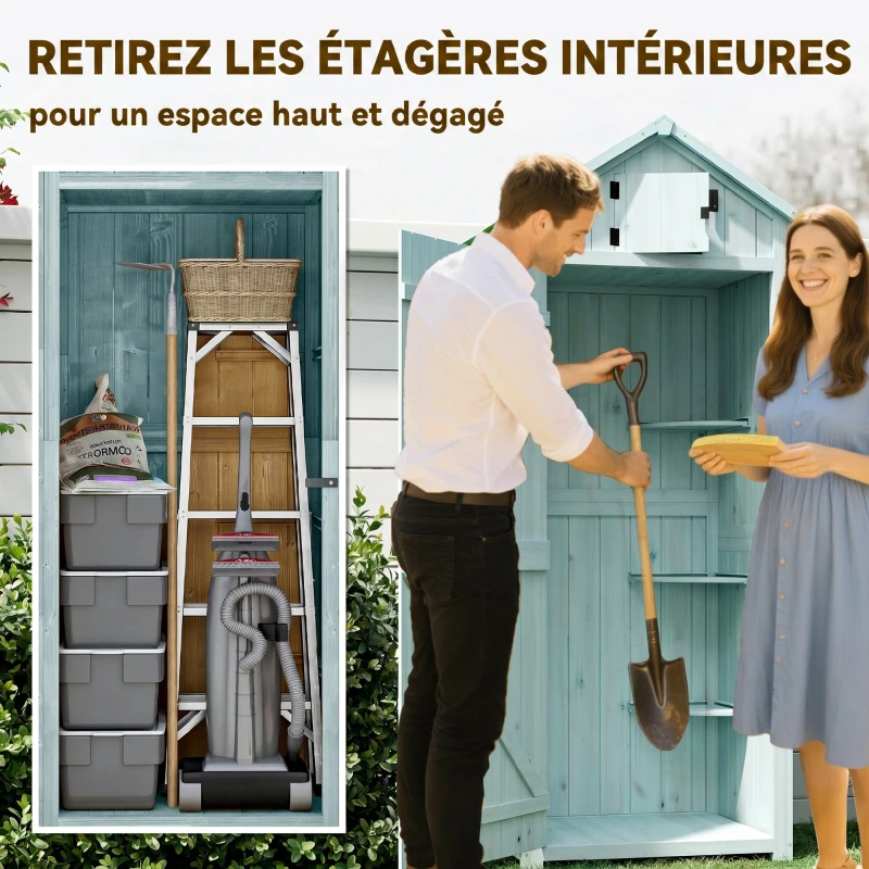 Outsunny Armoire de jardin extérieur abri de jardin en bois abri pour outils 3 étagères 2 Portes loquets Toit Pente bitumé 77L x 54l x 179H cm Sapin traité Bleu