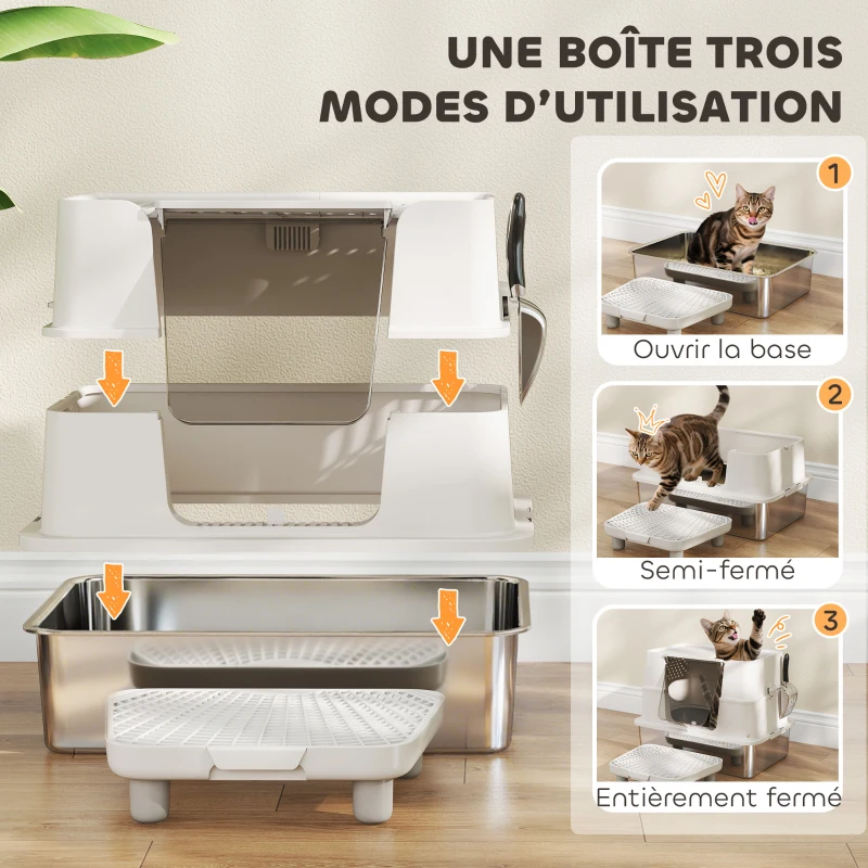 PawHut Bac à Litière XL en Acier Inoxydable pour Grand Chat, Couvercle Pivotant 100°, Pelle, 60,2x40,2x44,5cm, Gris Clair