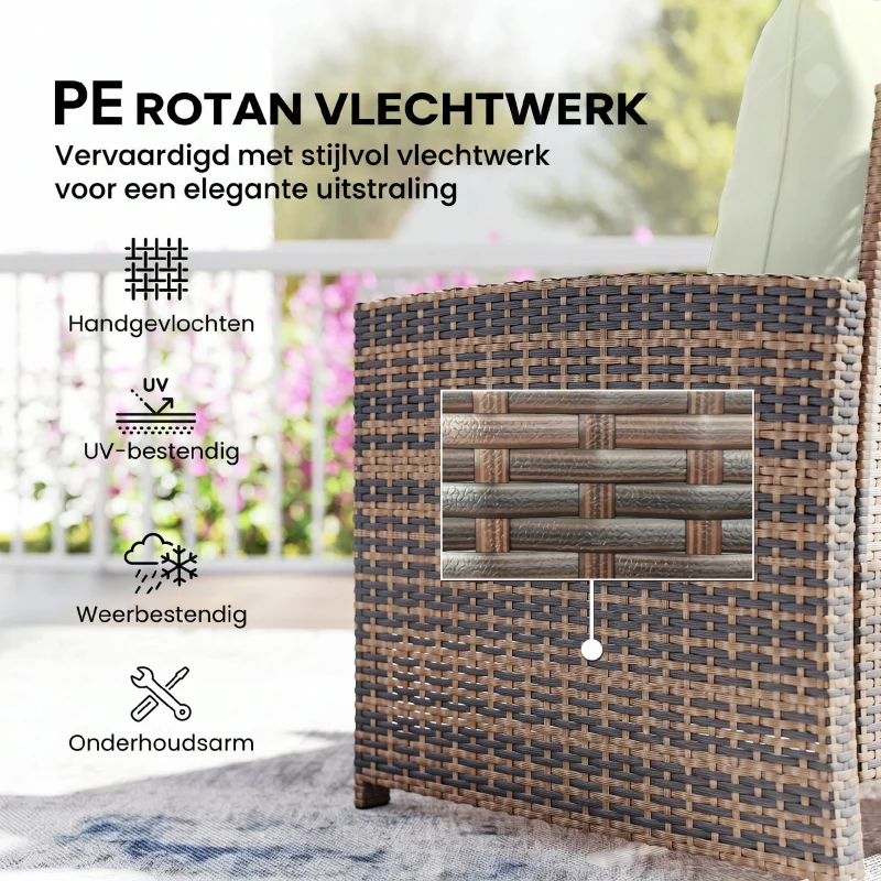 Outsunny Rattan Tuinmeubelset 5-delig Balkonmeubelset met 2 Stoelen, Kussens, Voetenbankjes, Tafel, Opbergruimte Crème