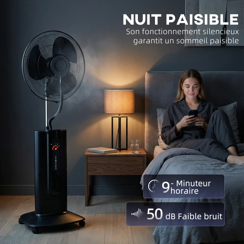 HOMCOM Ventilateur brumisateur 100 W à ionisation négative, ventilateur sur pied 130 cm, 3 vitesses, 3 modes, minuterie, noir