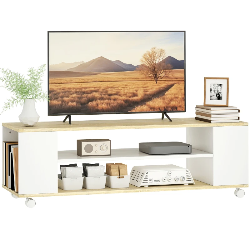 HOMCOM Meuble TV avec roulettes 120 cm, meuble télé pour téléviseur jusqu'à 55 pouces, 2 étagères ouvertes, blanc et naturel