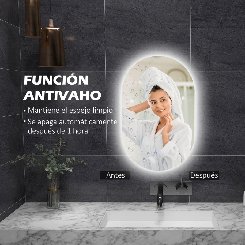 kleankin Espejo de Baño con Luces LED 81x51 cm Espejo de Pared con 3 Colores Interruptor Táctil Función de Desempañado Plata