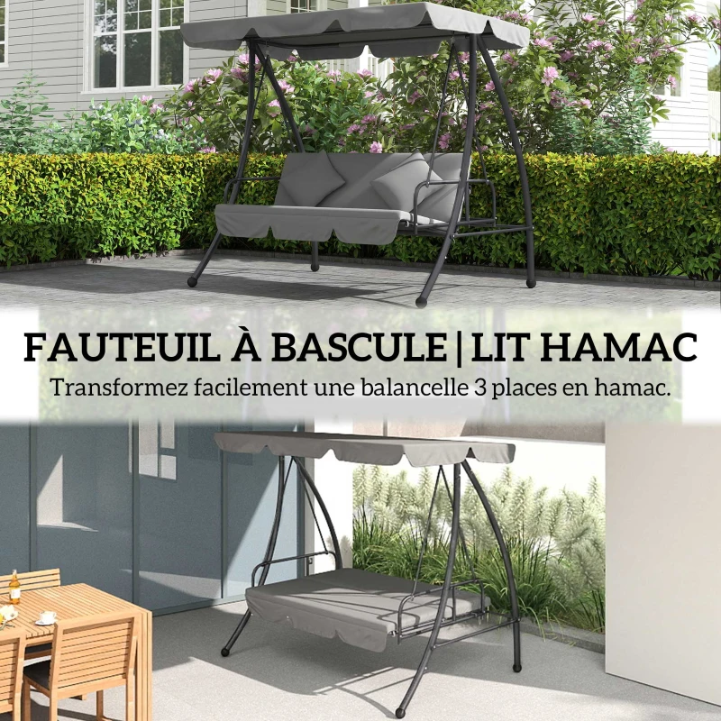 Outsunny Balancelle de Jardin Convertible 3 Places Inclinaison Toit réglable Matelas 2 x 1,25 x 1,7 m métal Polyester Gris clair