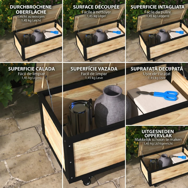 Outsunny Tuinopbergbox, 121 liter, 2 wielen, weerbestendig, metalen frame, natuurlijk hout, 100x50x43 cm