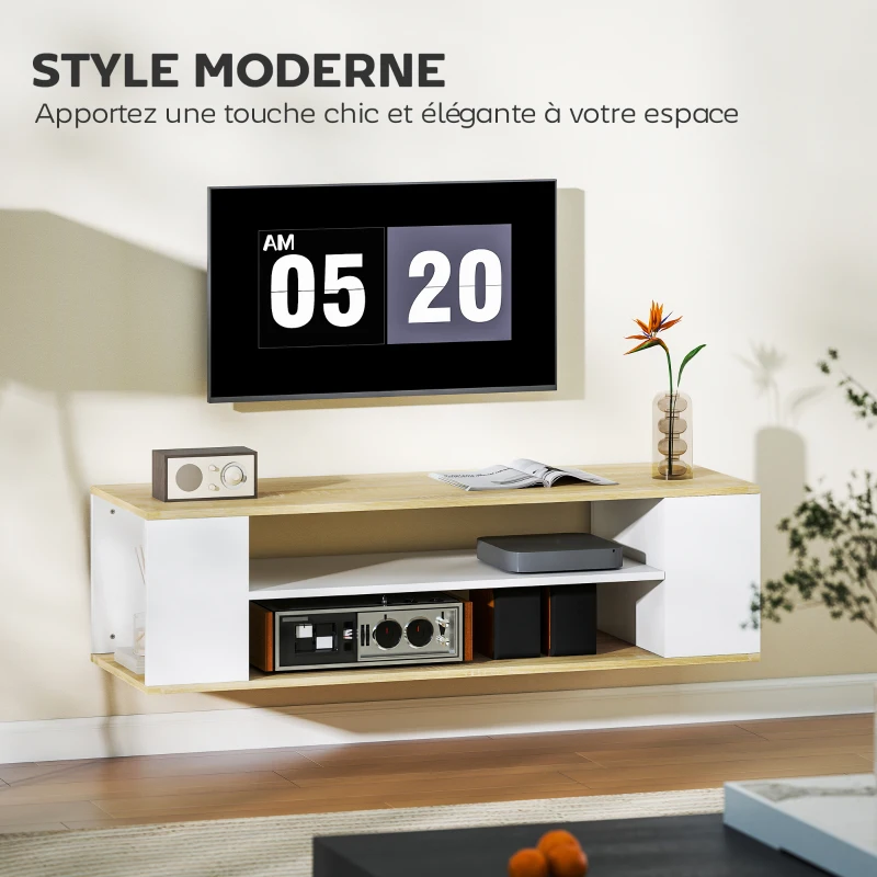HOMCOM Meuble TV avec roulettes 120 cm, meuble télé pour téléviseur jusqu'à 55 pouces, 2 étagères ouvertes, blanc et naturel