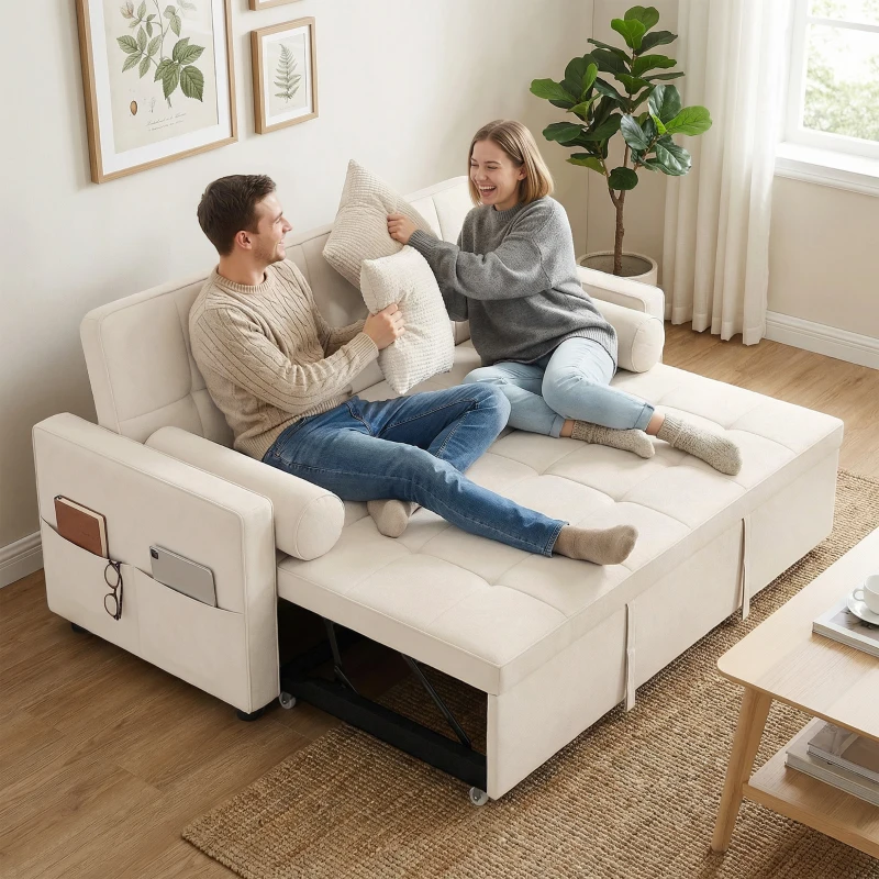 HOMCOM Canapé convertible 2 places 3 en 1 canapé-lit avec lit gigogne double dossier réglable 2 coussins 80,5x137,5x84cm beige