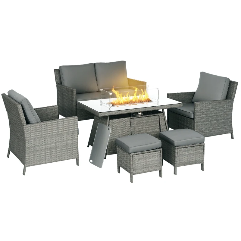 Outsunny 6 Seater Rattan Garden Furniture Set, Gas Fire Pit Table, Wicker Loveseat, 2 Armchairs and 2 Footstools, 6 Piece Patio Rattan furniture Sofa Sets with Cushions for Conservatory, Grey