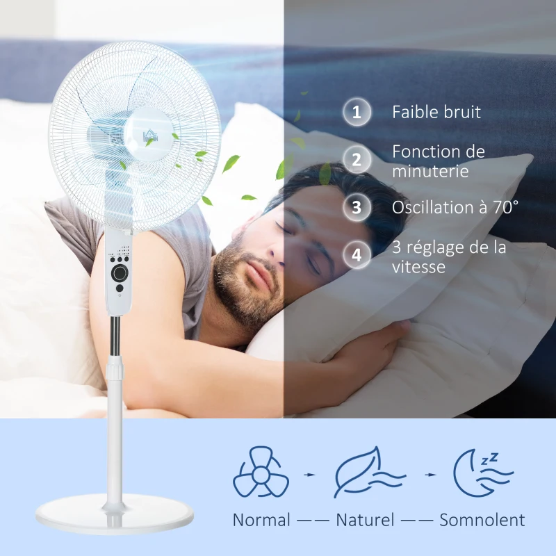HOMCOM Ventilateur sur pied puissant 45 W réglable en hauteur 110-124 cm, télécommande, 3 vitesses, oscillation et minuterie