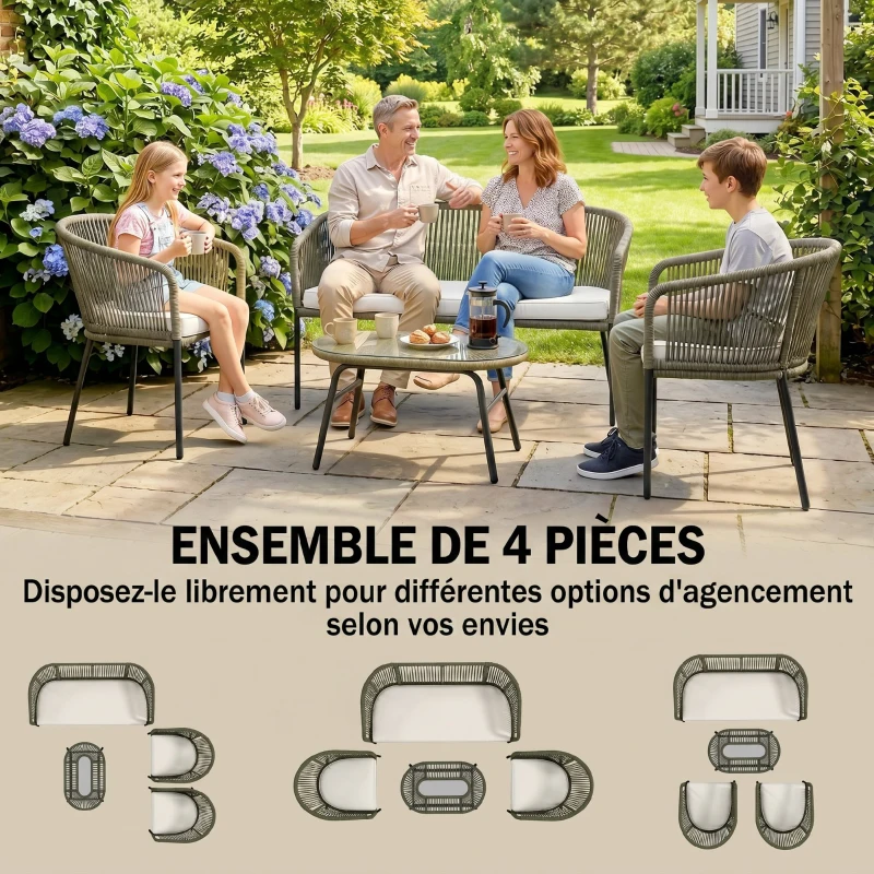 Outsunny Salon de Jardin Extérieur 4 Places Canapé 2 Places 2 Fauteuils et Table Basse Verre Trempé PP Rond Tressé Crème