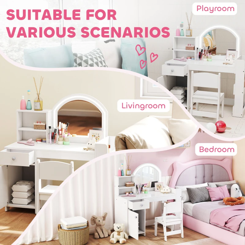 AIYAPLAY Kids Vanity Table and Chair Set, Girls Dressing Table with 2-Colour LED Mirror, Stool, Cabinet, Drawer, Shelves, White
