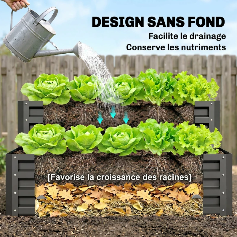 Outsunny Carré potager de jardin fond ouvert 2 étages pour herbes légumes fruits fleurs 120 x 101 x 58 cm gris foncé