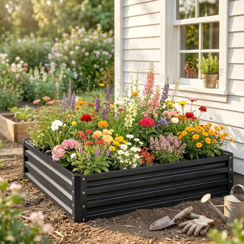 Outsunny Carré potager de jardin acier galvanisée 120 x 120 x 30 cm gris