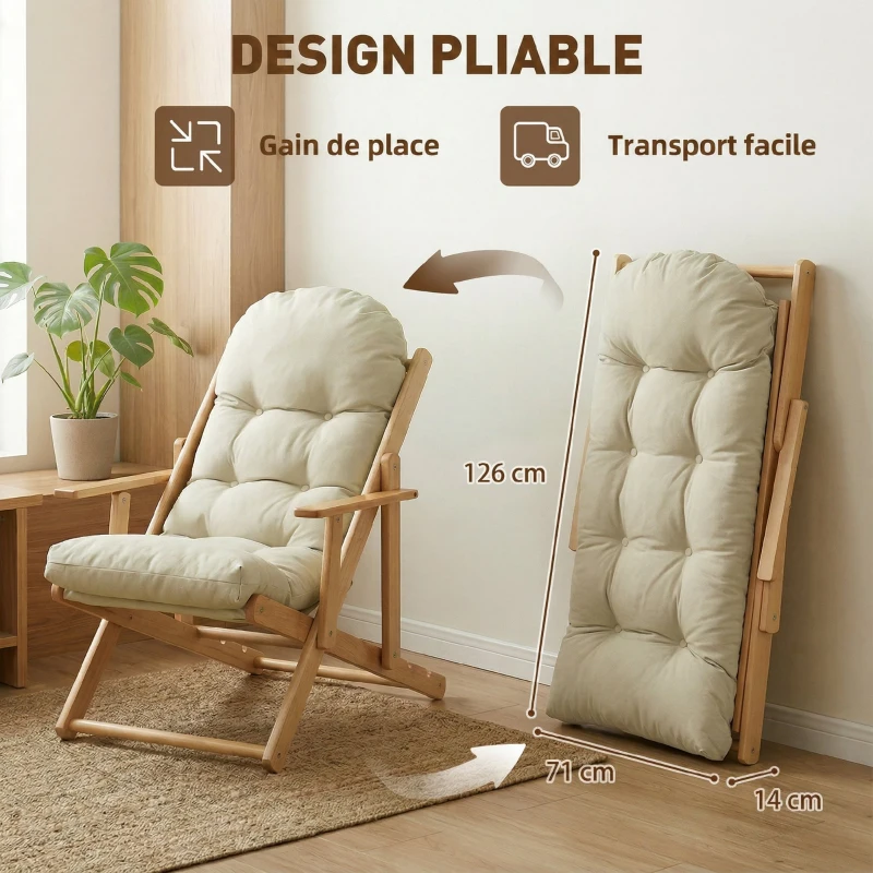 HOMCOM Fauteuil Chaise de Salon Pliable et inclinable en Bois Fauteuil Relax Confortable avec Coussin capitonné épais