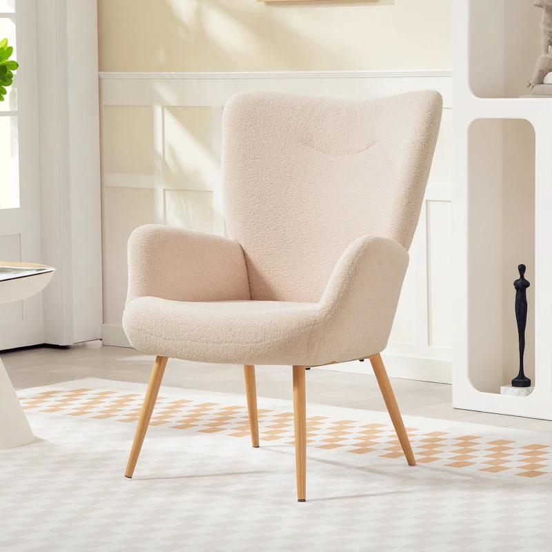 HOMCOM Fauteuil salon, fauteuil d'appoint rembourré en tissu bouclette avec haut dossier et accoudoirs, 71x74x97,5cm, beige