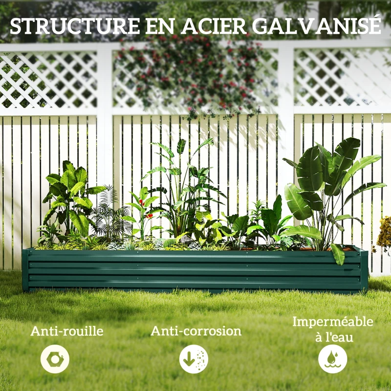 Outsunny Carré potager rectangulaire, lit de jardin surélevé en acier galvanisé, fond ouvert, 240 x 60 x 30 cm, vert