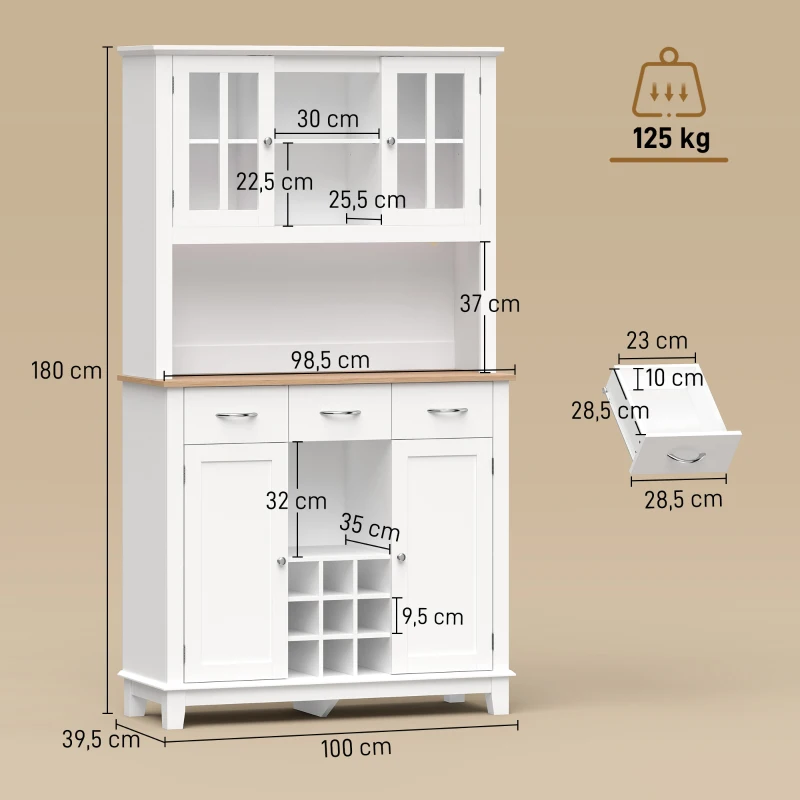 HOMCOM Alacena de Cocina con Iluminación LED Control por APP Encimera para Microondas Botellero Puertas de Vidrio Blanco