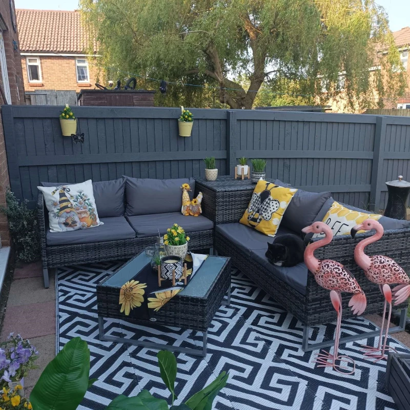 Outsunny 4pc Garden Rattan Wicker Outdoor Furniture Patio Corner Sofa Love Seat and Table Set  with Cushions Side Desk Storage, Mixed Grey