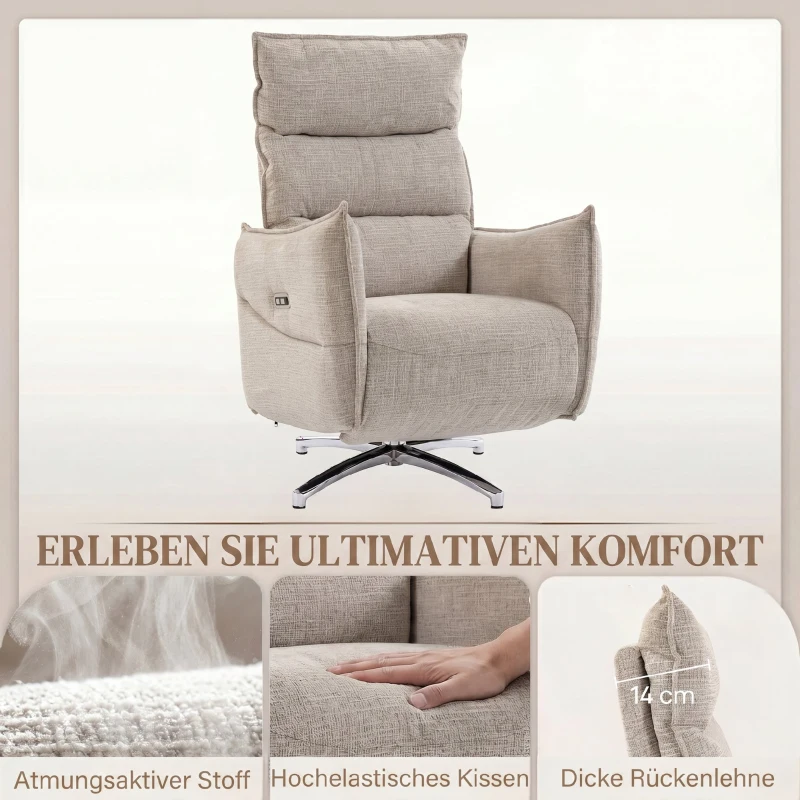 HOMCOM Drehbarer Elektrischer Relaxsessel für Erwachsene, Sessel mit Leinenoptik-Stoff und Ladeanschlüssen, Beige