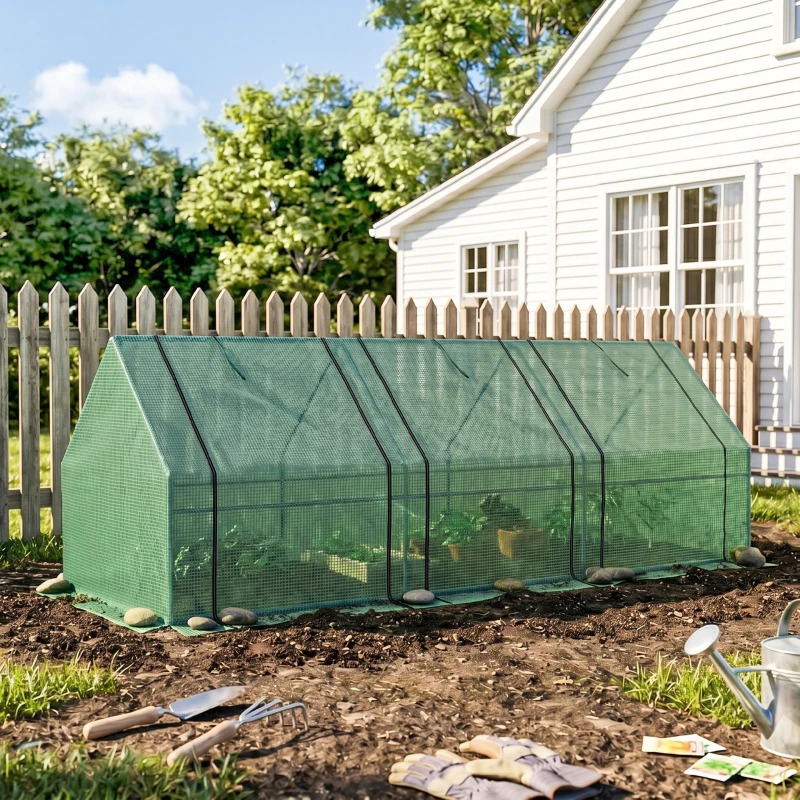 Outsunny Mini Serre de Jardin mini serre tunnel 270L x 90l x 90H cm cm toit pointu Acier PE Haute densité 140 g/m² Anti-UV 3 fenêtres avec Zip enroulables Vert