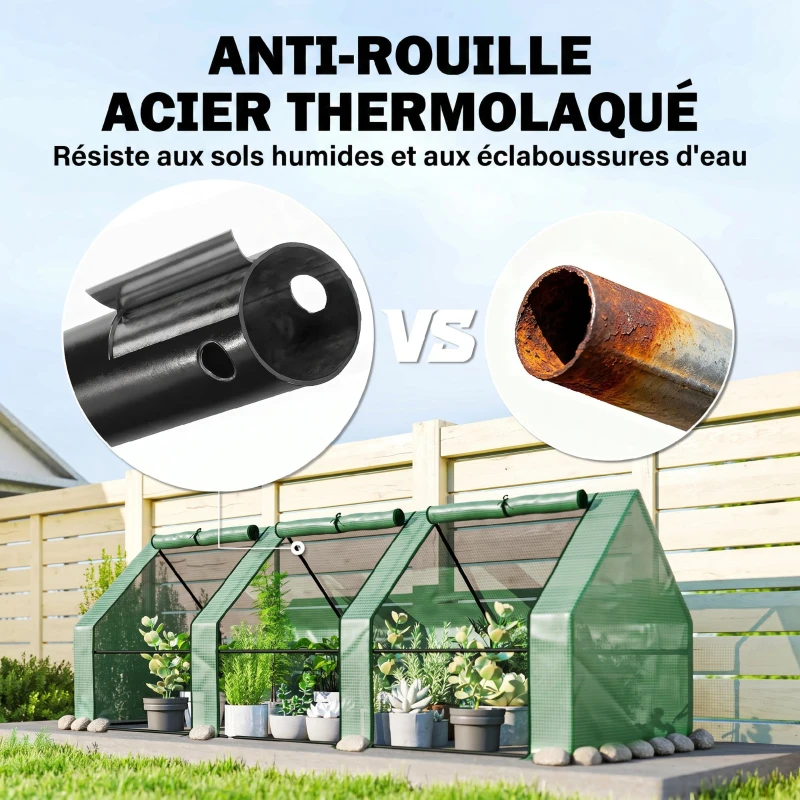 Outsunny Mini Serre de Jardin mini serre tunnel 270L x 90l x 90H cm cm toit pointu Acier PE Haute densité 140 g/m² Anti-UV 3 fenêtres avec Zip enroulables Vert