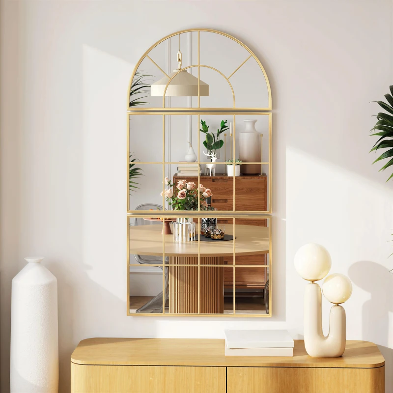 HOMCOM Miroir mural arqué miroir mural en forme de fenêtre ensemble de 3 pièces cadre en métal 76 x 150 cm doré