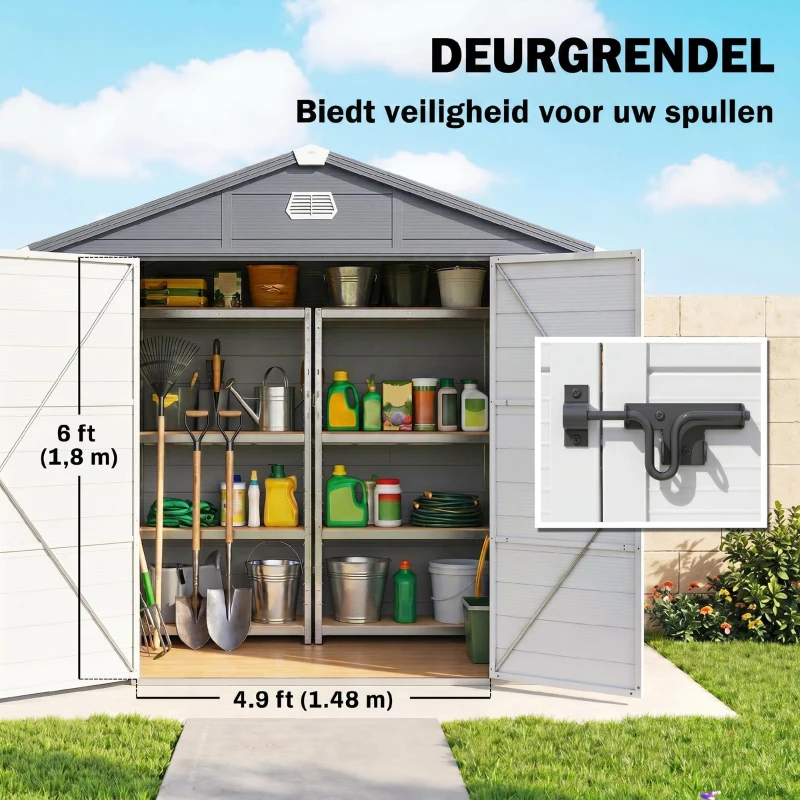 Outsunny Tuinhuis, Tuinschuur met Ventilatieraam, Kunststof, Metaal, 240 x 190 x 180/228, Grijs