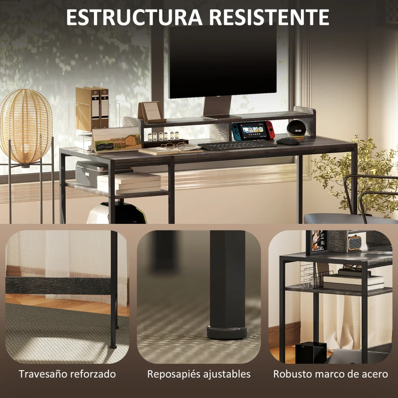 HOMCOM Mesa de Escritorio con Estantes Laterales Soporte para Monitor Ajustable y Estructura Móvil 120x48x85,5 cm Gris Carbón