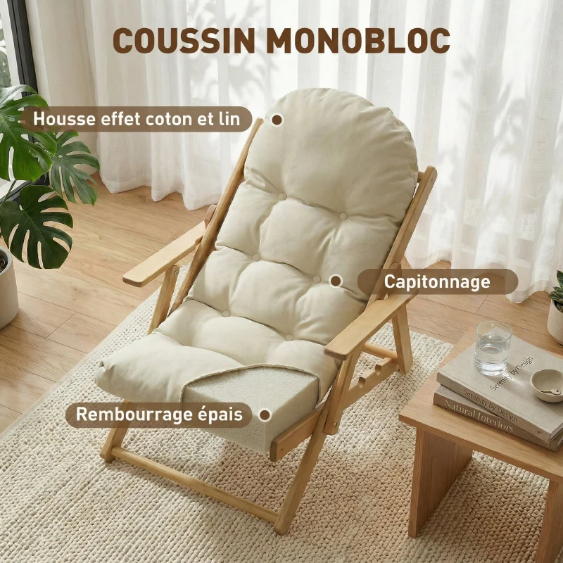 HOMCOM Fauteuil Chaise de Salon Pliable et inclinable en Bois Fauteuil Relax Confortable avec Coussin capitonné épais