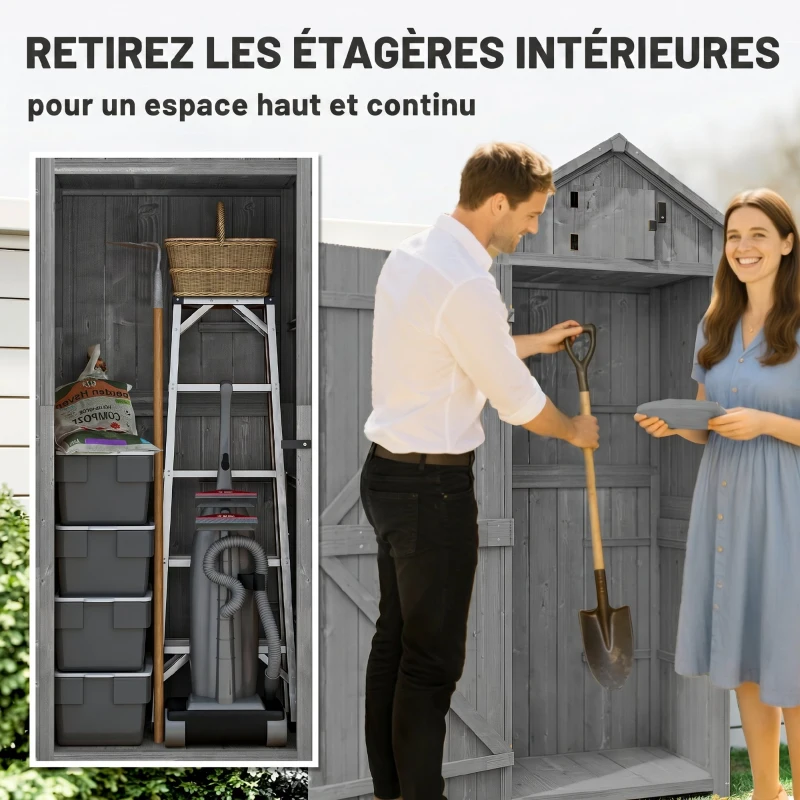 Outsunny Armoire de jardin extérieur abri de jardin en bois abri pour outils 3 étagères 2 Portes loquets Toit Pente bitumé rangement et stockage extérieurs 77 x 54 x 179 cm Sapin traité Gris
