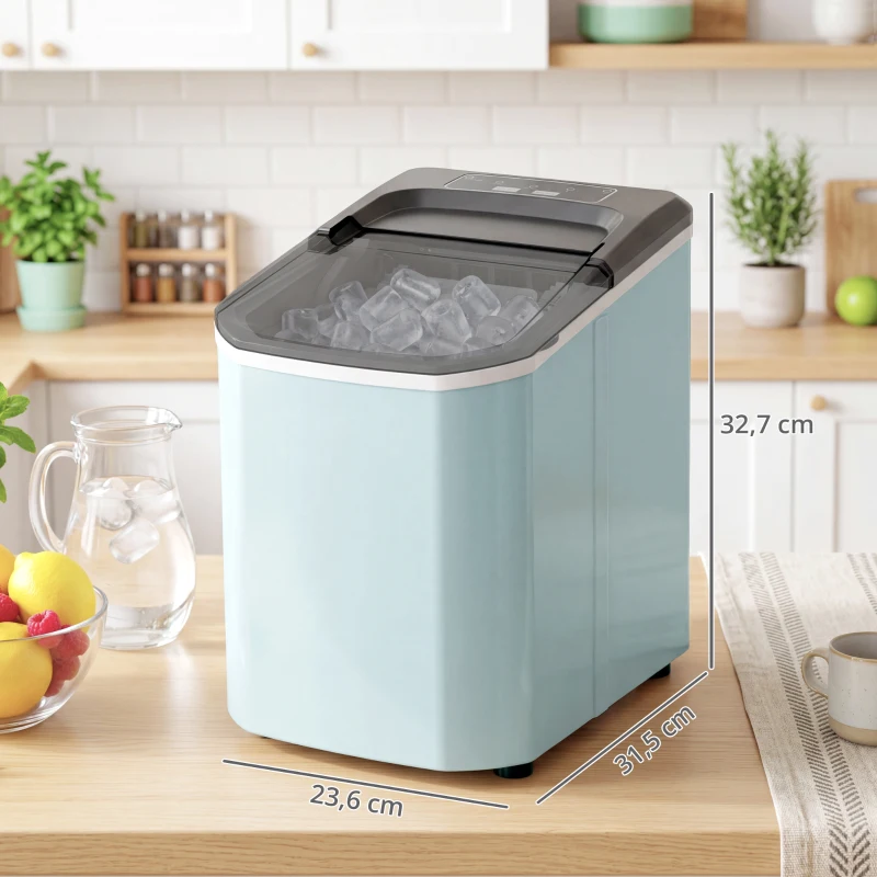 HOMCOM Máquina de Cubitos de Hielo Autolimpiable 12 kg/24H 9 Cubitos Listos en 7 Minutos 2 Tamaños de Hielo 1,5L Depósito Azul
