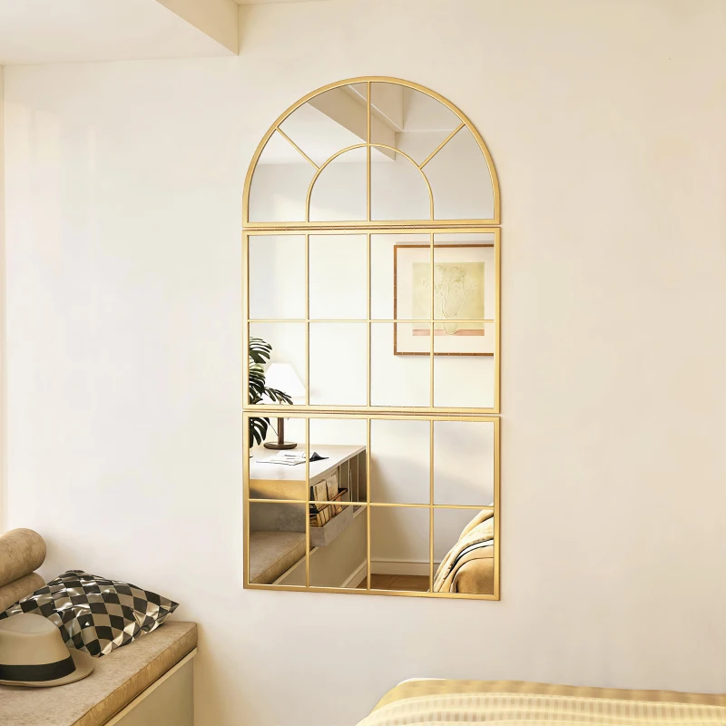 HOMCOM Miroir mural arqué miroir mural en forme de fenêtre ensemble de 3 pièces cadre en métal 76 x 150 cm doré