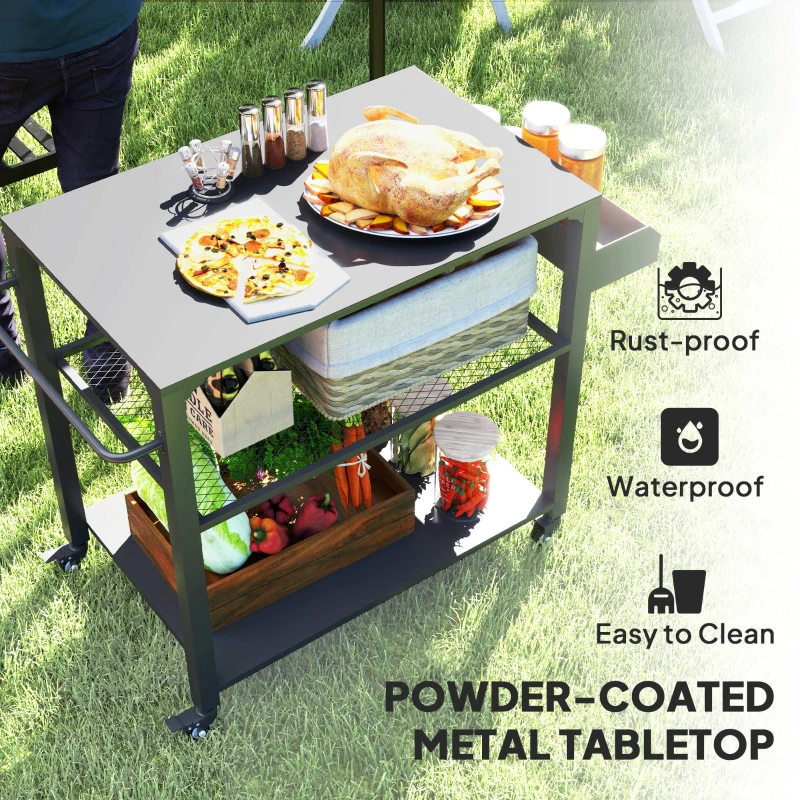 Outsunny Wyspa kuchenna na zewnątrz, wózek grillowy z półką do przechowywania, uchwyt, 4 kółka, wózek kuchenny, taras, ogród, metal, czarny