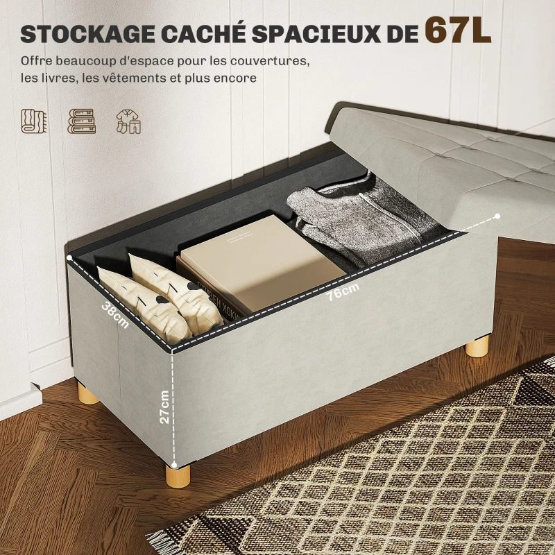 HOMCOM Banc de rangement bout de lit pliable volume 67 L capacité de charge 120 kg avec couvercle 76L x 38l x 38H cm crème