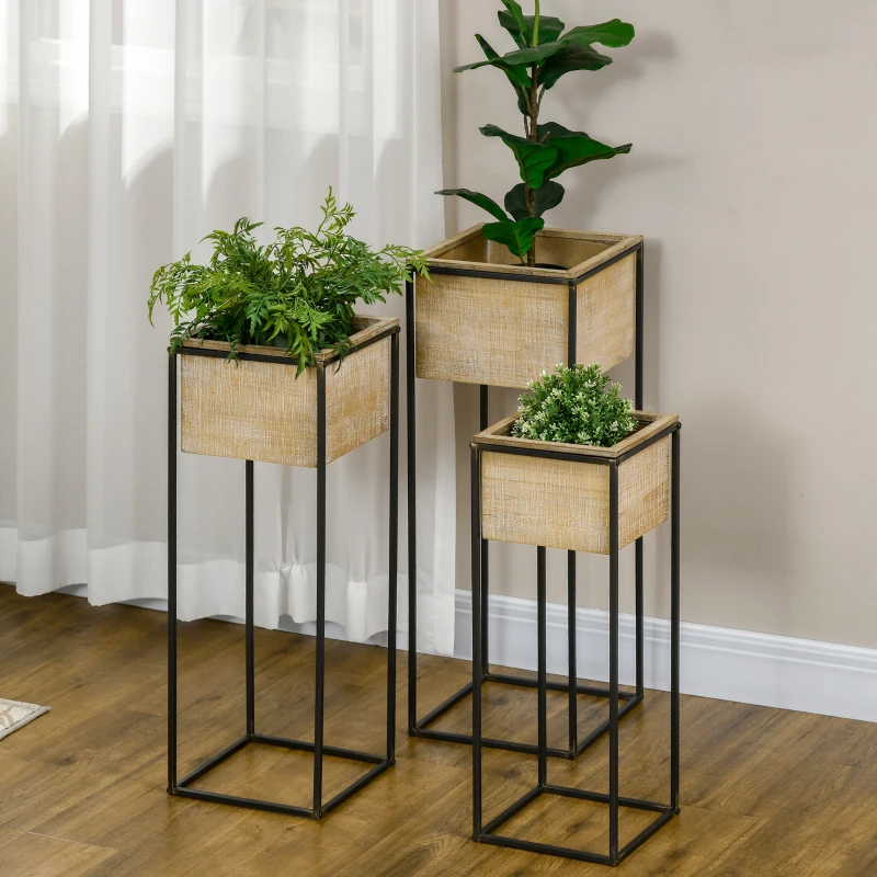Outsunny Lot de 3 cache-pots carrés pour plantes fleurs sur pied en métal et bois - 3 hauteurs différentes naturel et noir