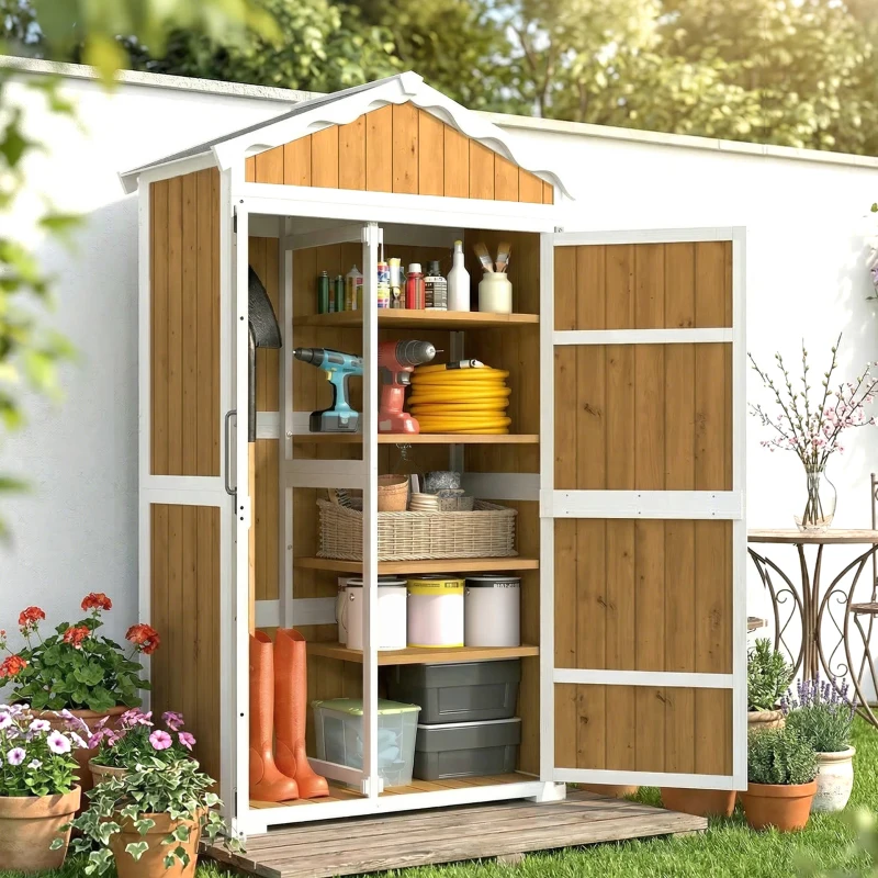 Outsunny Armário de Jardim de Madeira 105x55x179 cm Abrigo de Exterior com Portas 4 Prateleiras Extraíveis Teto Metal Galvanizado Madeira