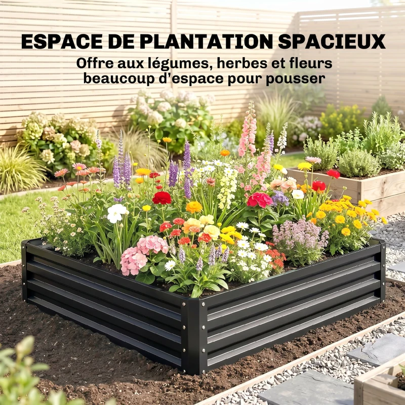 Outsunny Carré potager de jardin acier galvanisée 120 x 120 x 30 cm gris